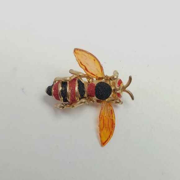 Vintage Orange and Black Bee Hornet Shape Brooch, Insect Bug Lapel Pin, Estate - Picture 1 of 6